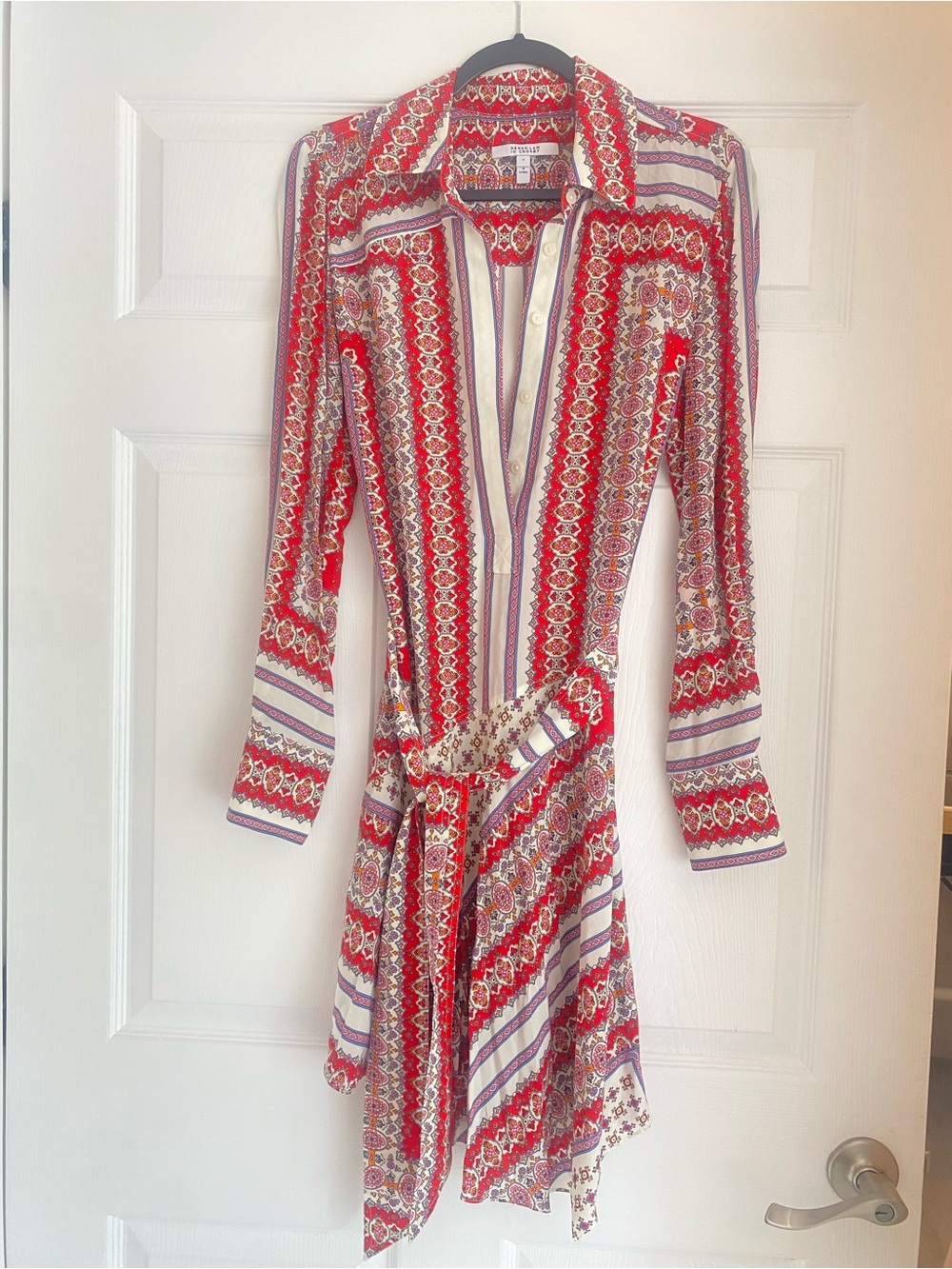 Derek Lam 10 Crosby Red Patterned Long-Sleeve Shirt Dress with Belt Size 4
